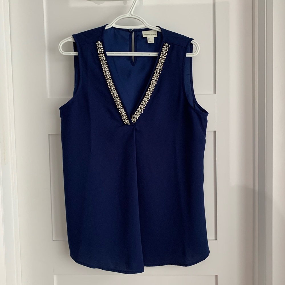 Adrienne Vittadini Navy Embellished V-Neck Blouse
